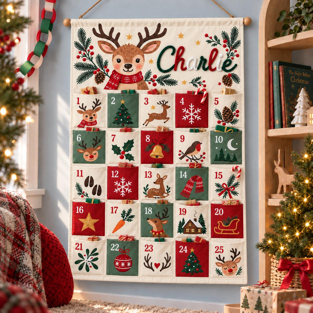 Personalized Reindeer Advent Calendar HG, Christmas Countdown Calendar with 25 Pockets, Custom Name Fabric Wall Hanging, Holiday Gifts for Kids