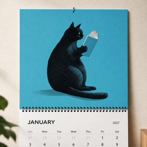 2027 Cozy Cat Calendar for Book Lovers, Whimsical Feline Illustration Calendar, Literary Gift for Readers, Reading Cats 2027 Wall Calendar