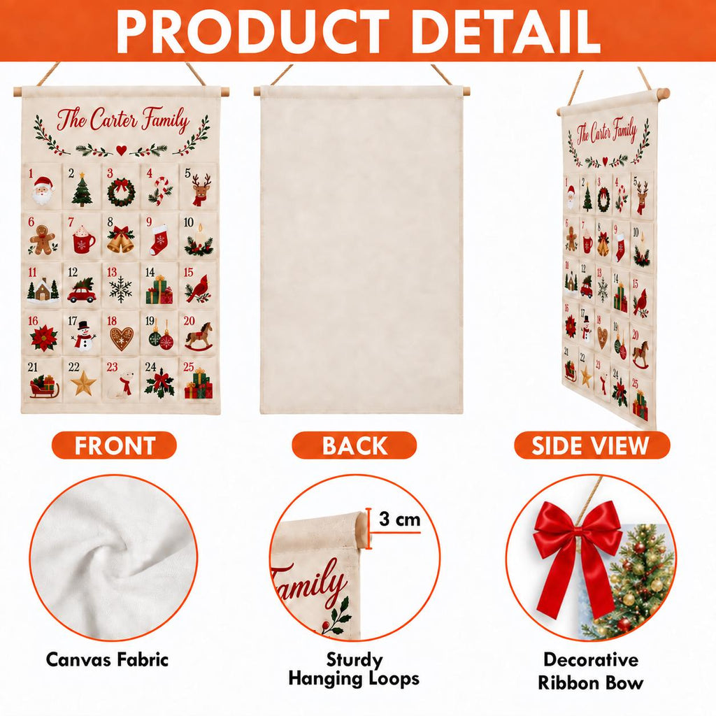 Personalized Fabric Advent Calendar HG, 25-Pocket Fabric Countdown Organizer, Kids Advent Calendar HG, Reusable Wall Hanging, Christmas Decor