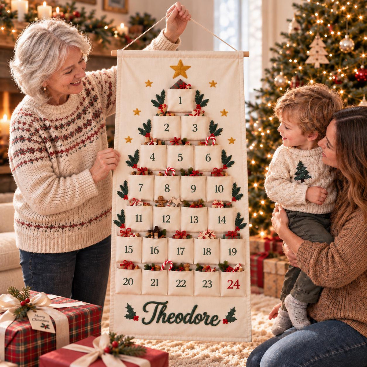 Personalized Advent Calendar HG for Kids, 24 Pocket Christmas Countdown Calendar, Fillable Fabric Wall Hanging, Custom Name Christmas Decor