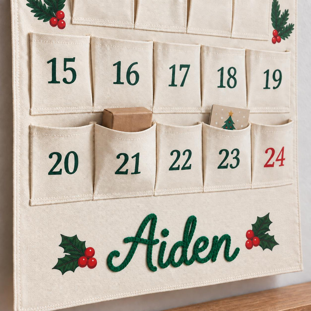 Personalized Advent Calendar HG for Kids, 24 Pocket Christmas Countdown Calendar, Fillable Fabric Wall Hanging, Custom Name Christmas Decor