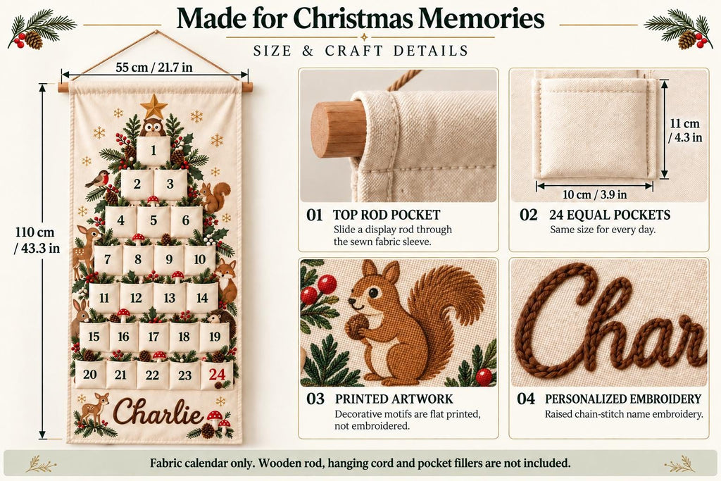 Personalized Christmas Advent Calendar HG, 24 Fillable Pockets, Reusable Christmas Wall Hanging, Home Countdown for Family Traditions