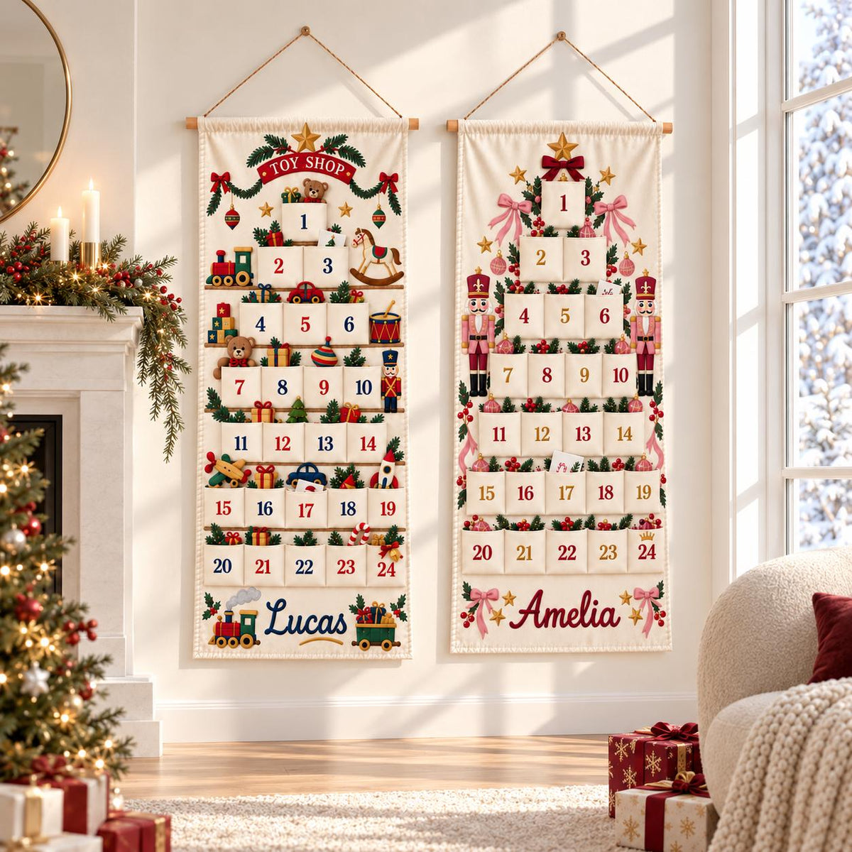 Personalized Christmas Advent Calendar HG for Kids, 24 Pocket Pink Nutcracker Fabric Wall Banner, Custom Name Holiday Countdown for the Family