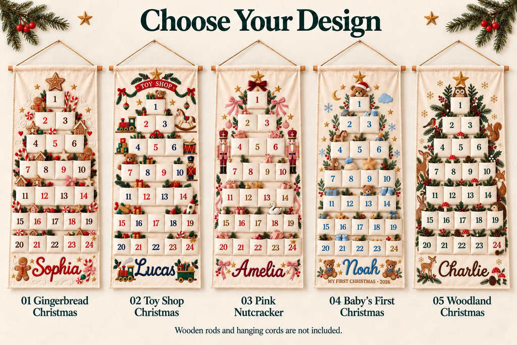 Personalized Christmas Advent Calendar HG for Kids, 24 Pocket Pink Nutcracker Fabric Wall Banner, Custom Name Holiday Countdown for the Family