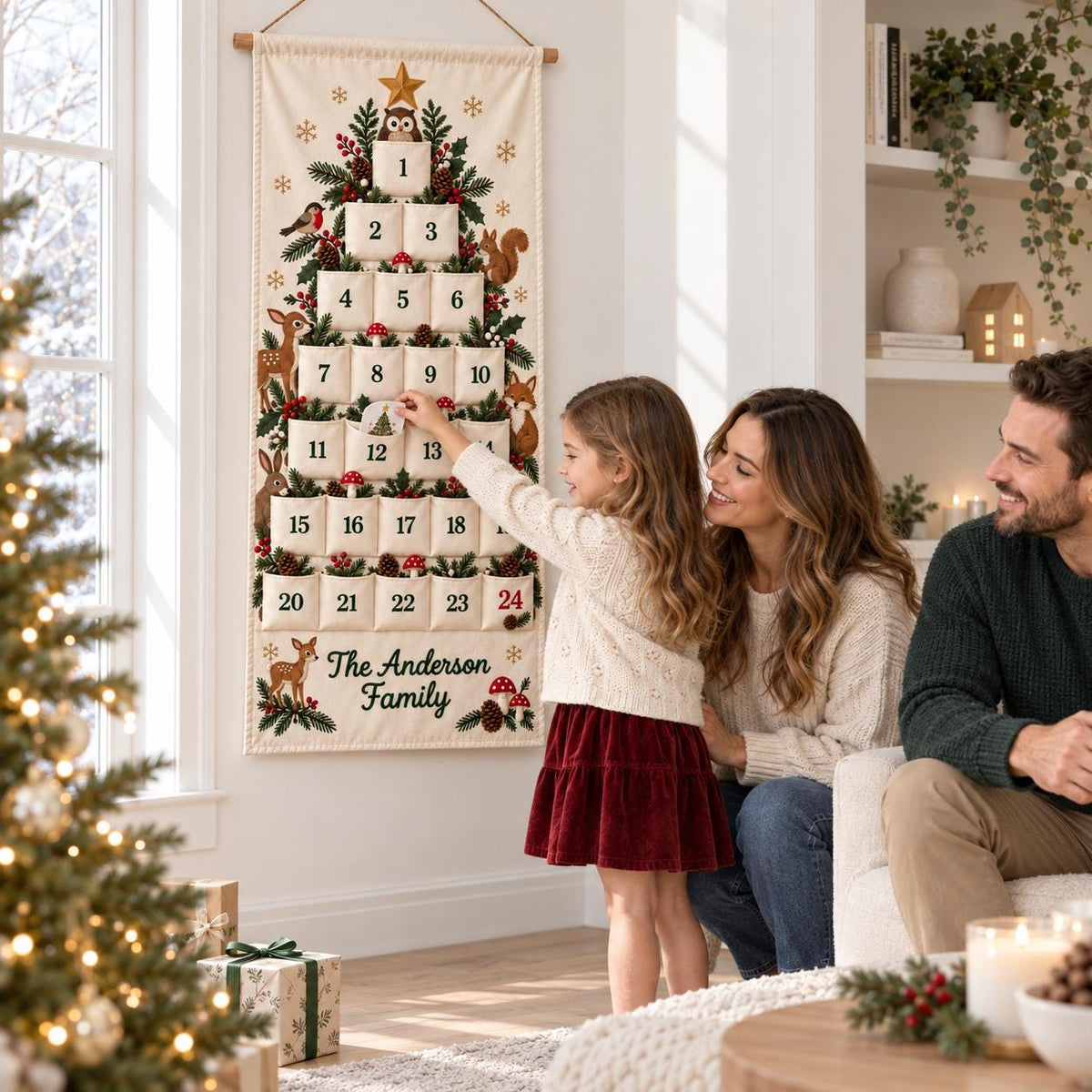 Personalized Christmas Advent Calendar HG, 24 Fillable Pockets, Reusable Christmas Wall Hanging, Home Countdown for Family Traditions