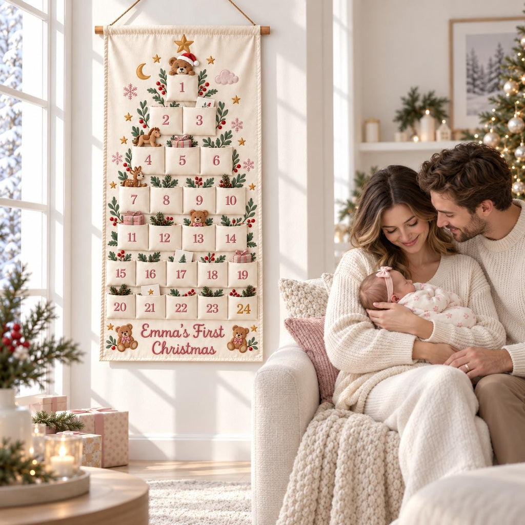 Personalized Christmas Advent Calendar HG for Kids, 24 Pocket Pink Nutcracker Fabric Wall Banner, Custom Name Holiday Countdown for the Family