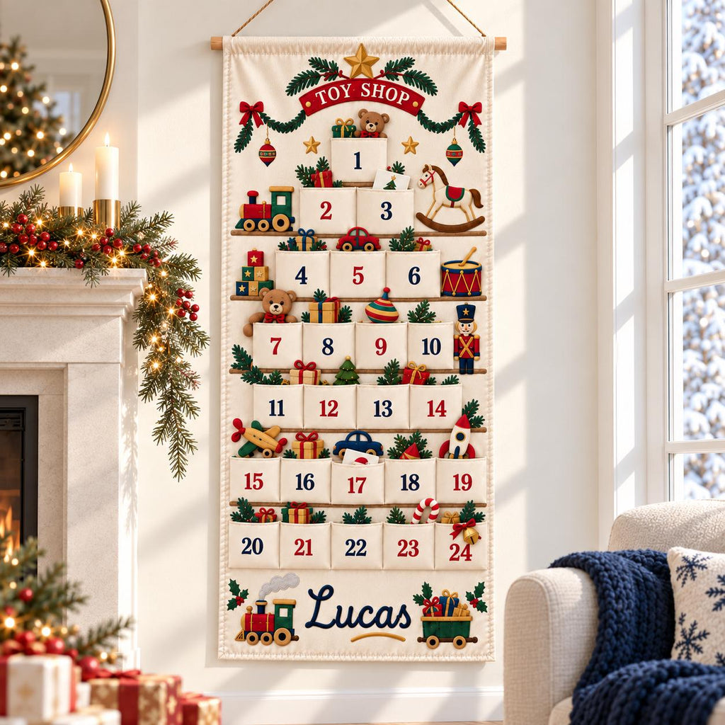 Personalized Christmas Advent Calendar HG for Kids, 24 Pocket Pink Nutcracker Fabric Wall Banner, Custom Name Holiday Countdown for the Family