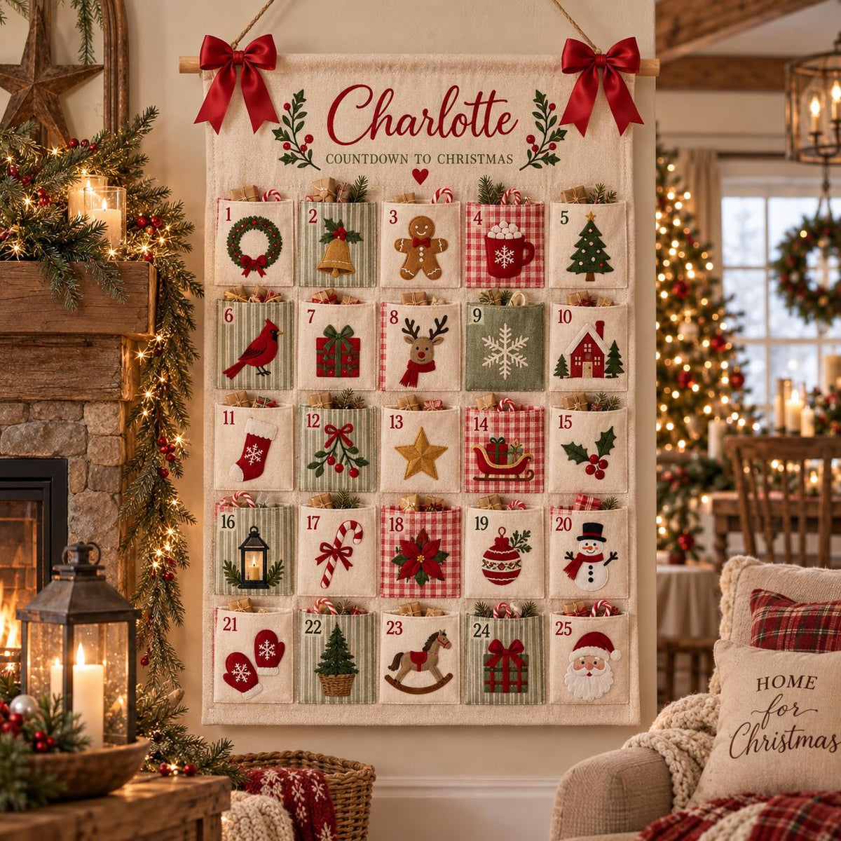 Personalized Fabric Advent Calendar HG, 25-Pocket Fabric Countdown Organizer, Kids Advent Calendar HG, Reusable Wall Hanging, Christmas Decor