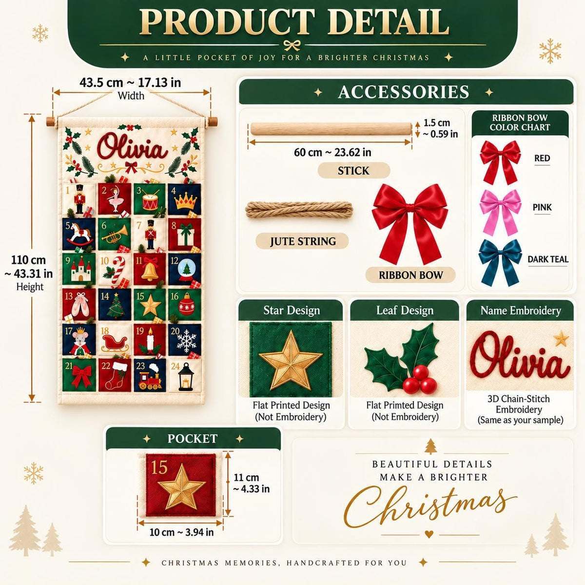 Personalized Advent Calendar HG 2026, Fabric Advent Calendar HG with Name, 24 Pocket Christmas Countdown for Kids, Xmas Gift, Holiday Keepsake