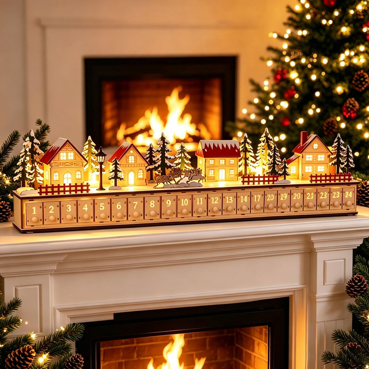 Wooden Advent Calendar HG, 24 Drawer Christmas Countdown, Light Up Christmas Village, Reusable Holiday Decor, Christmas Gift