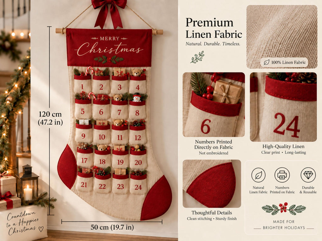 Reusable Christmas Advent Calendar HG, Personalized Name Canvas Wall Hanging with 24 Large Pockets