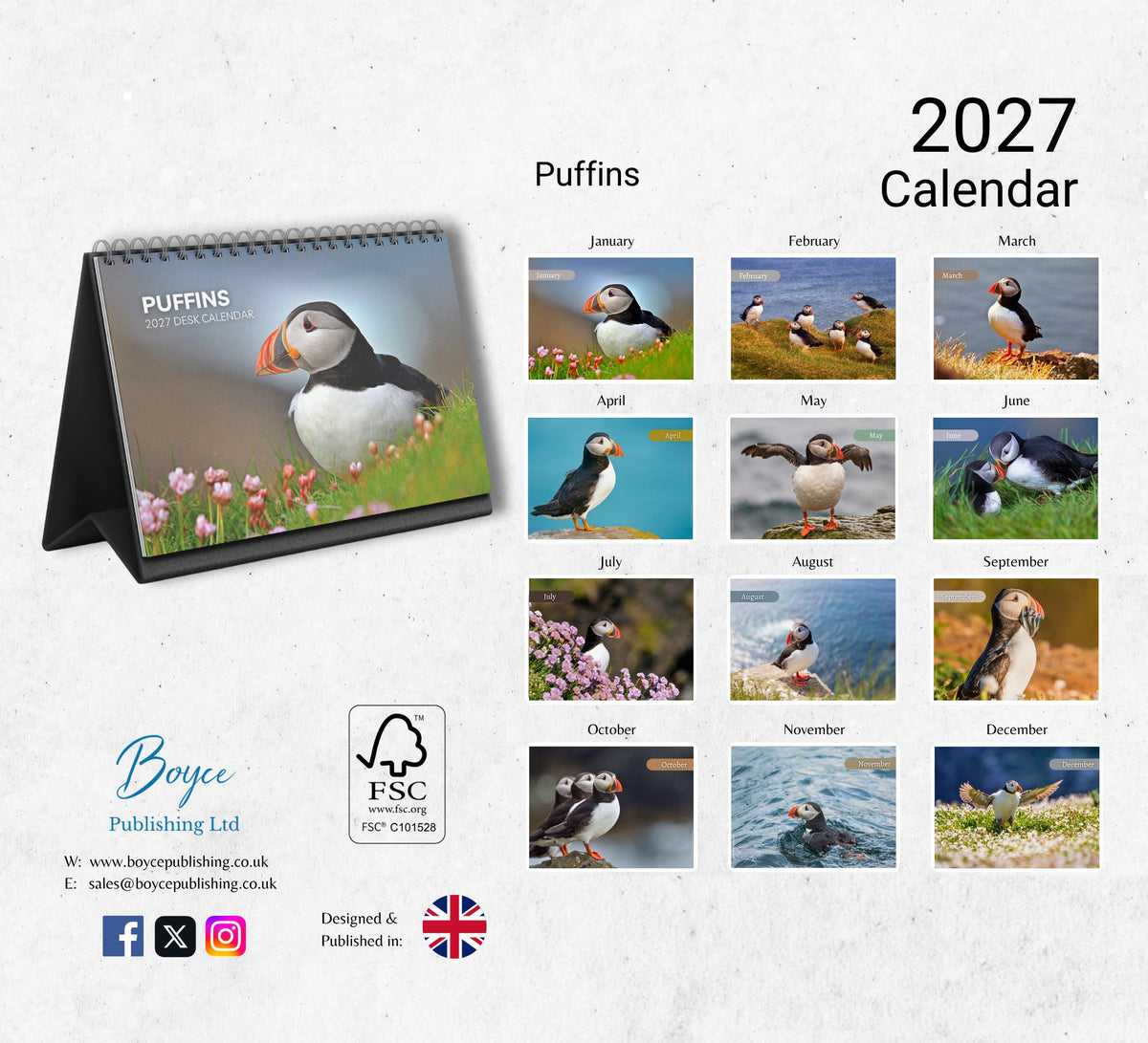 Puffins Desk Calendar 2027-2028: Standing Flip Desktop Calendar with Thick Paper (15.25cm x 22cm - similar to A5)