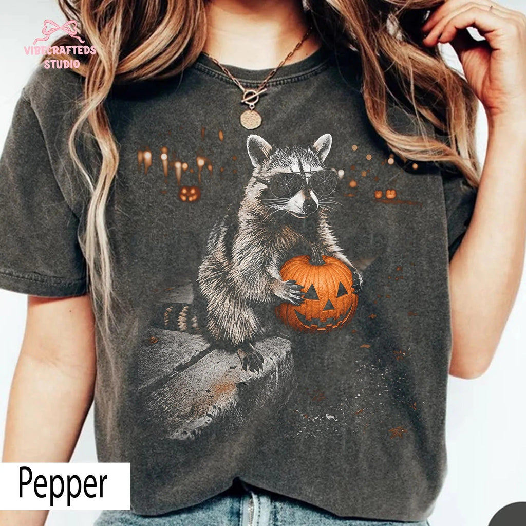 Halloween Raccoon Holding Pumpkin L3N Comfort Colors Shirt, Spooky Trash Panda Tee, Cute Fall Animal Halloween Sweatshirt
