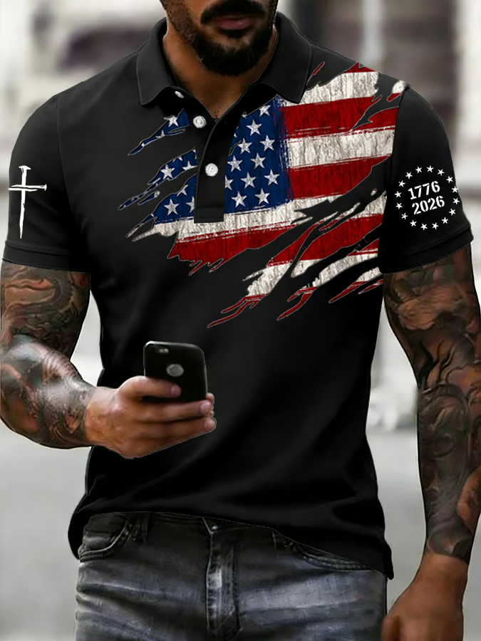 250th Anniversary Faith Cross Distressed USA Flag 4th Of July Golf Shirt HG   Patriotic Golf Shirt HG   Polo For Men