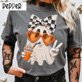 Cute Ghost Halloween L3N Drinking Pumpkin Coffee Comfort Colors Shirt, Coquette Bow Ghost Shirt, Spooky Season Fall Gift, Halloween Sweatshirt