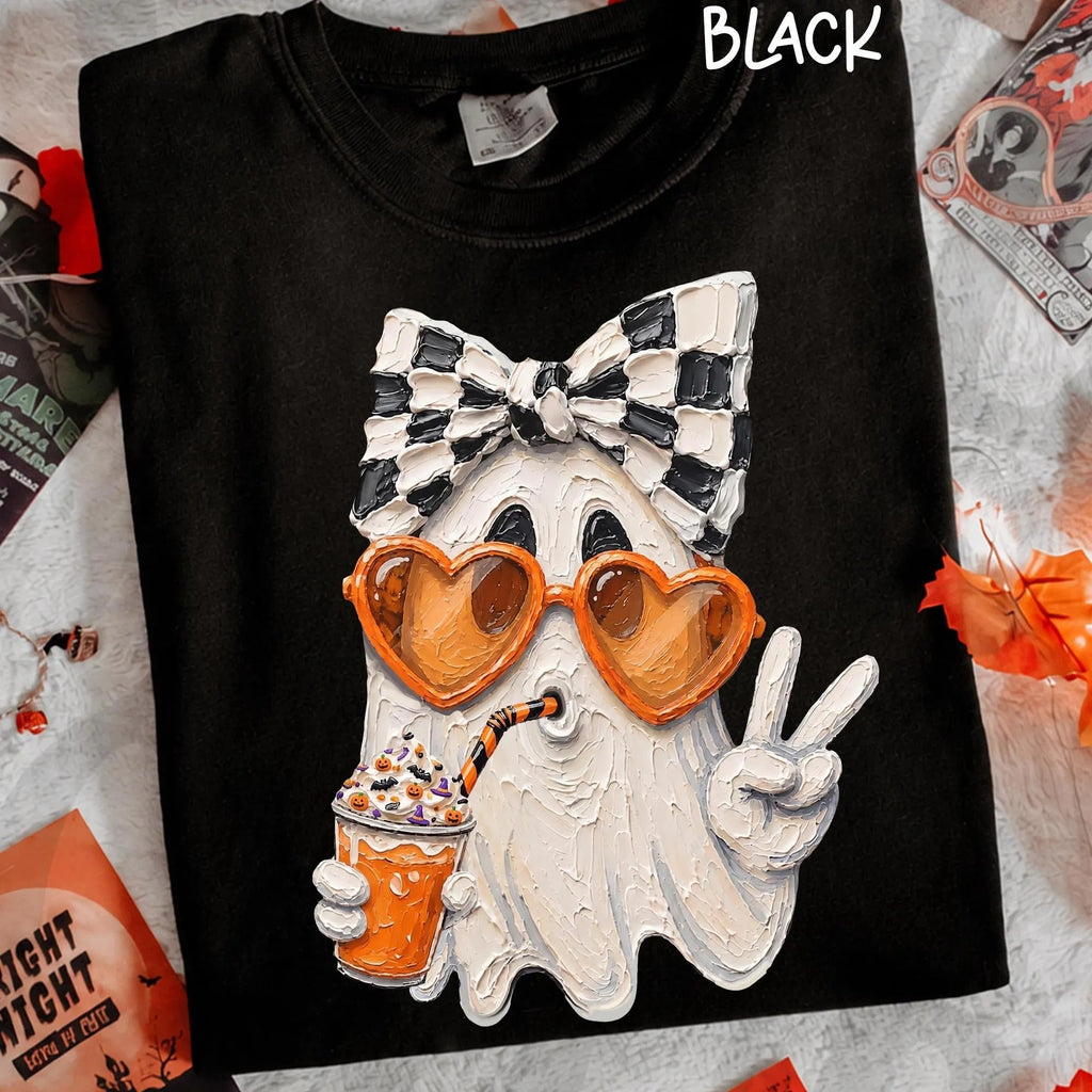 Cute Ghost Halloween L3N Drinking Pumpkin Coffee Comfort Colors Shirt, Coquette Bow Ghost Shirt, Spooky Season Fall Gift, Halloween Sweatshirt