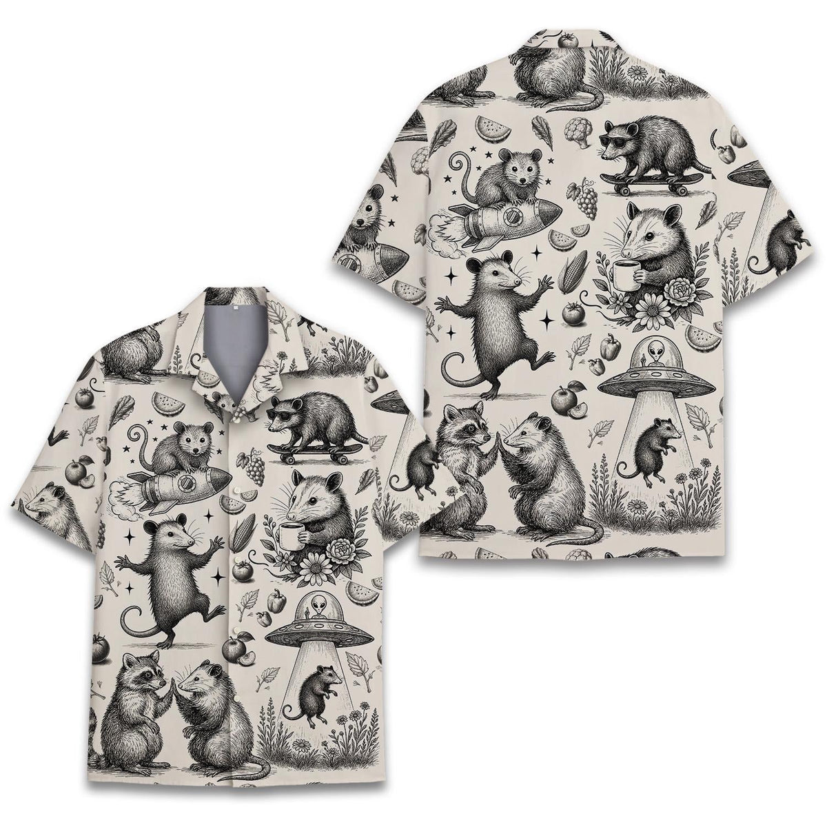 Funny Opossum L3N Hawaiian Shirt Men Women Youth, Vintage UFO Coffee Possum Shirt, Weird Animal Aloha Button Down Short Sleeve