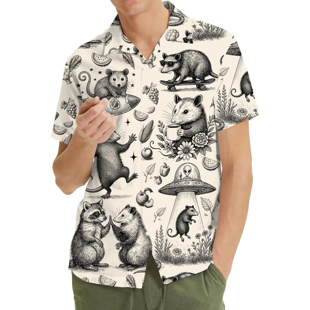 Funny Opossum L3N Hawaiian Shirt Men Women Youth, Vintage UFO Coffee Possum Shirt, Weird Animal Aloha Button Down Short Sleeve