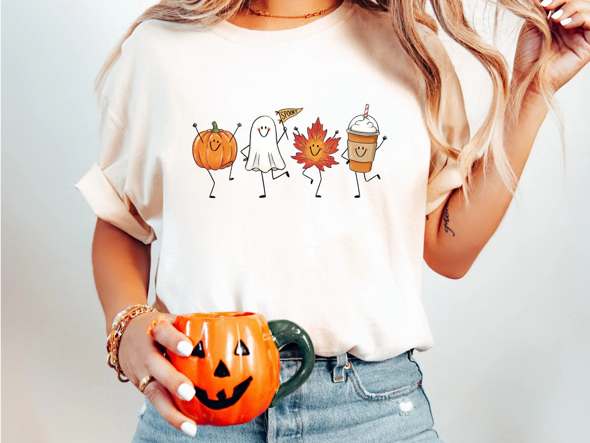 Cute Autumn Halloween L3N T-Shirt, Fall Pumpkin Ghost Maple Leaf Pumpkin Spice Latte Comfort Colors Tee, Spooky Season Graphic Shirt for Women