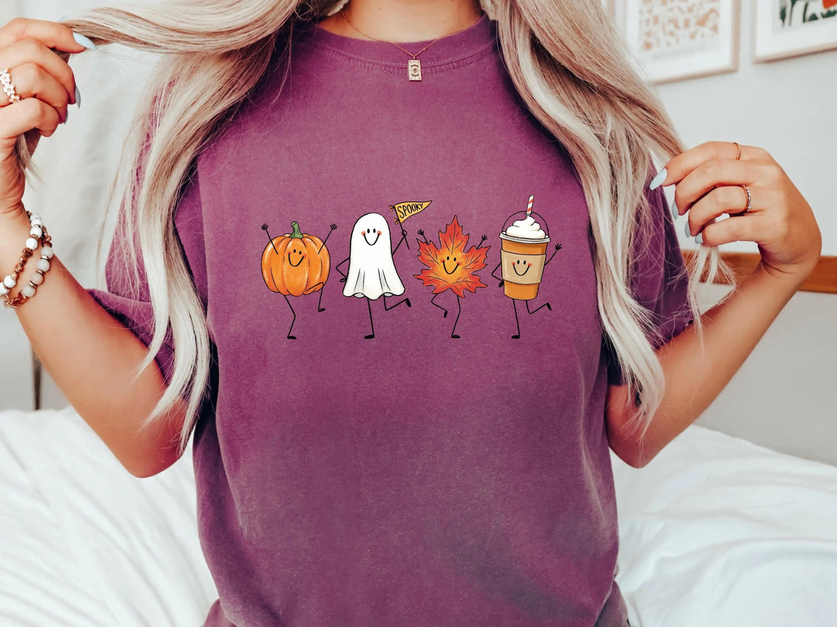 Cute Autumn Halloween L3N T-Shirt, Fall Pumpkin Ghost Maple Leaf Pumpkin Spice Latte Comfort Colors Tee, Spooky Season Graphic Shirt for Women