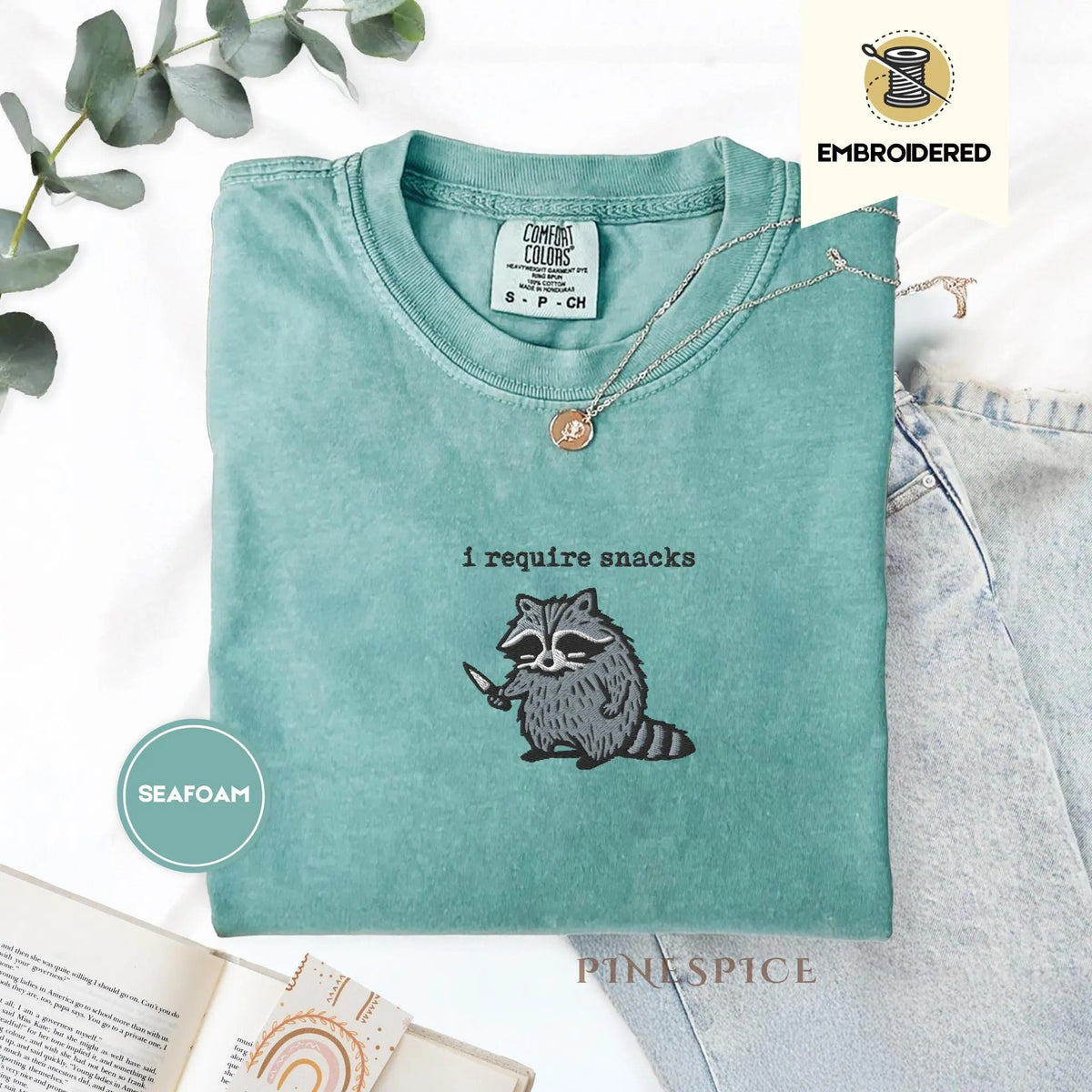 I Require Snacks Embroidered L3N Raccoon Tee – Funny Comfort Colors® Shirt, Goblincore Animal Lover Gift, Cozy Snack Gremlin Tee