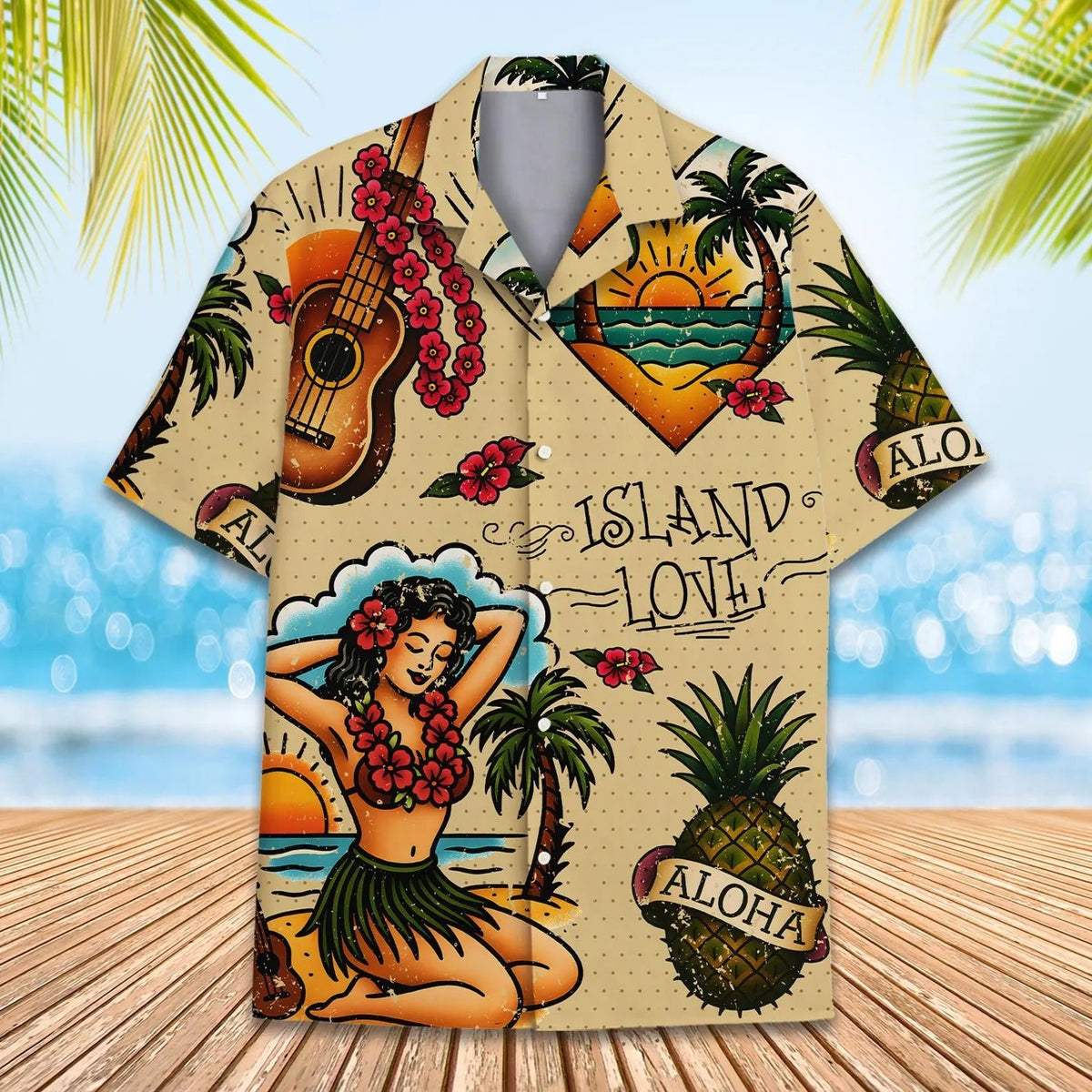 Island Love Hawaiian L3N Shirt Men Women Youth, Vintage Aloha Short Sleeve Button-Down with Tropical Guitar & Hula Girl, Summer Beach Shirt
