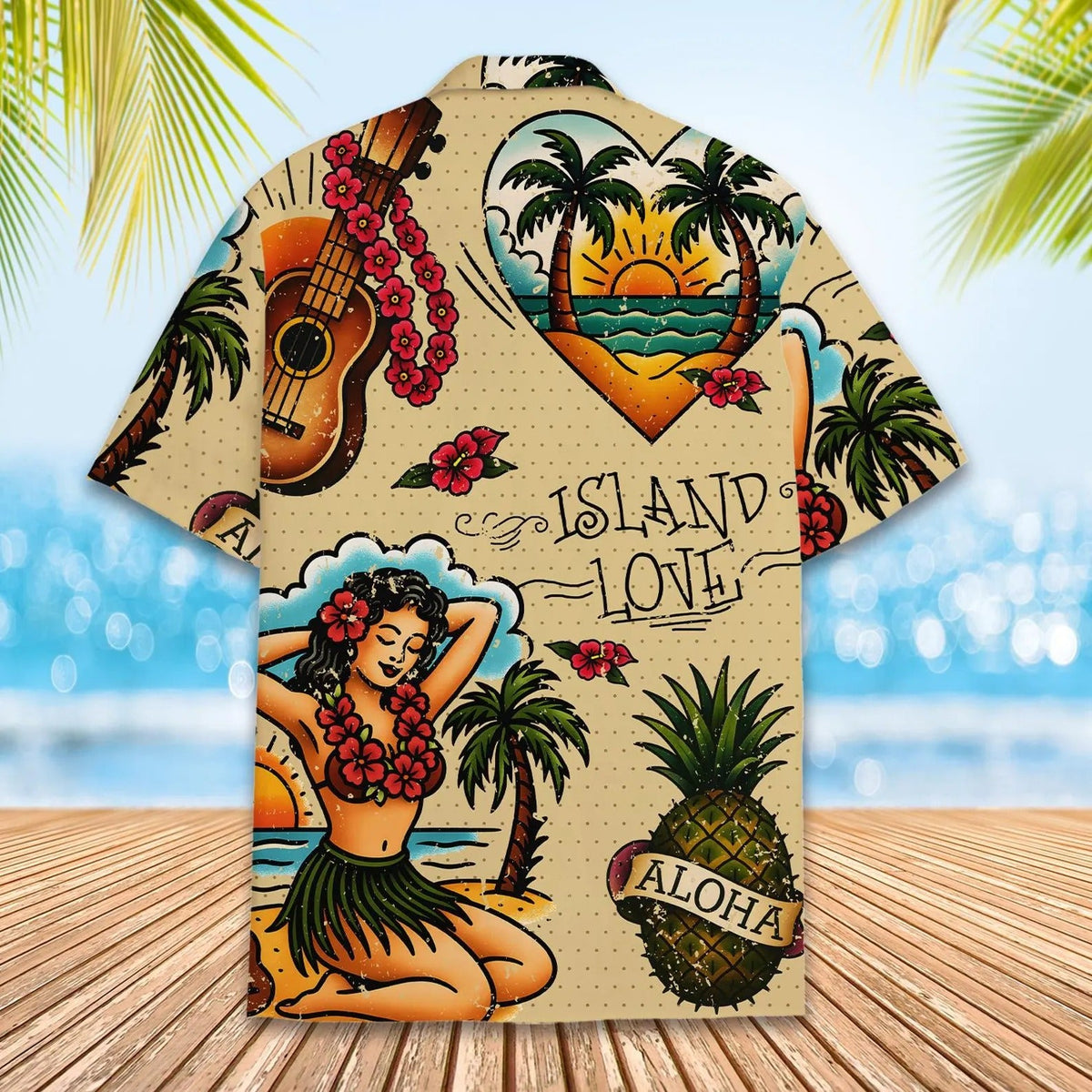 Island Love Hawaiian L3N Shirt Men Women Youth, Vintage Aloha Short Sleeve Button-Down with Tropical Guitar & Hula Girl, Summer Beach Shirt