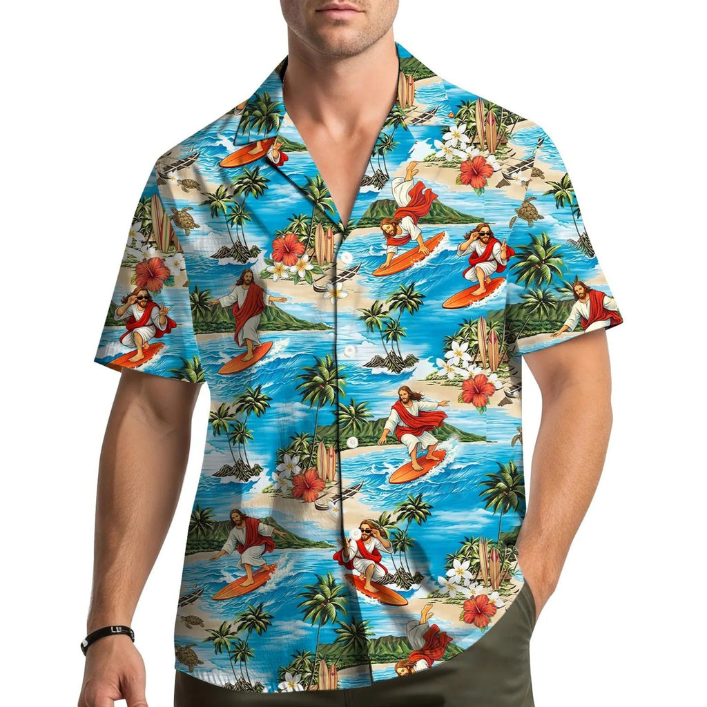 Jesus Surfing L3N Hawaiian Shirt Men Women Youth, Funny Christian Beach Shirt, Summer Tropical Button Up, Religious Surf Aloha Shirt Gift
