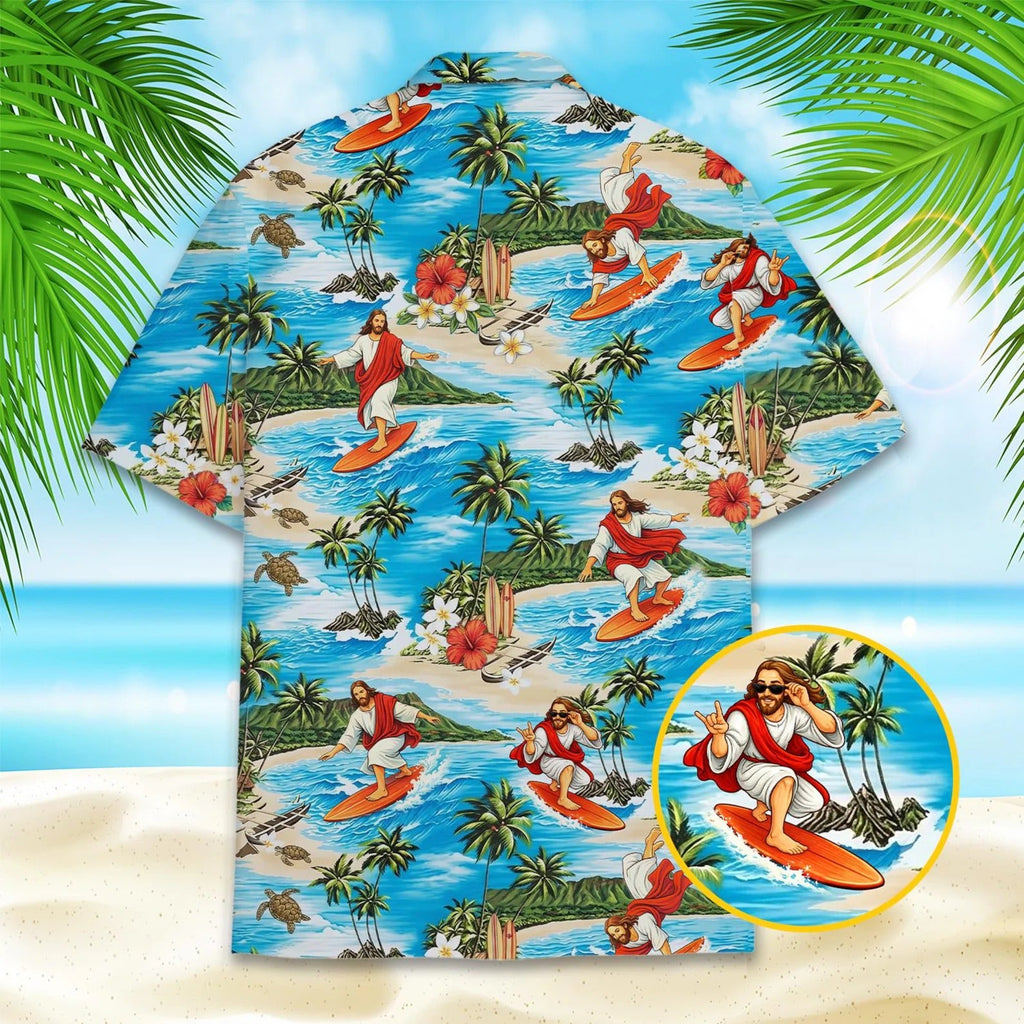 Jesus Surfing L3N Hawaiian Shirt Men Women Youth, Funny Christian Beach Shirt, Summer Tropical Button Up, Religious Surf Aloha Shirt Gift