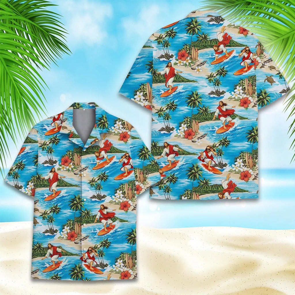Jesus Surfing L3N Hawaiian Shirt Men Women Youth, Funny Christian Beach Shirt, Summer Tropical Button Up, Religious Surf Aloha Shirt Gift