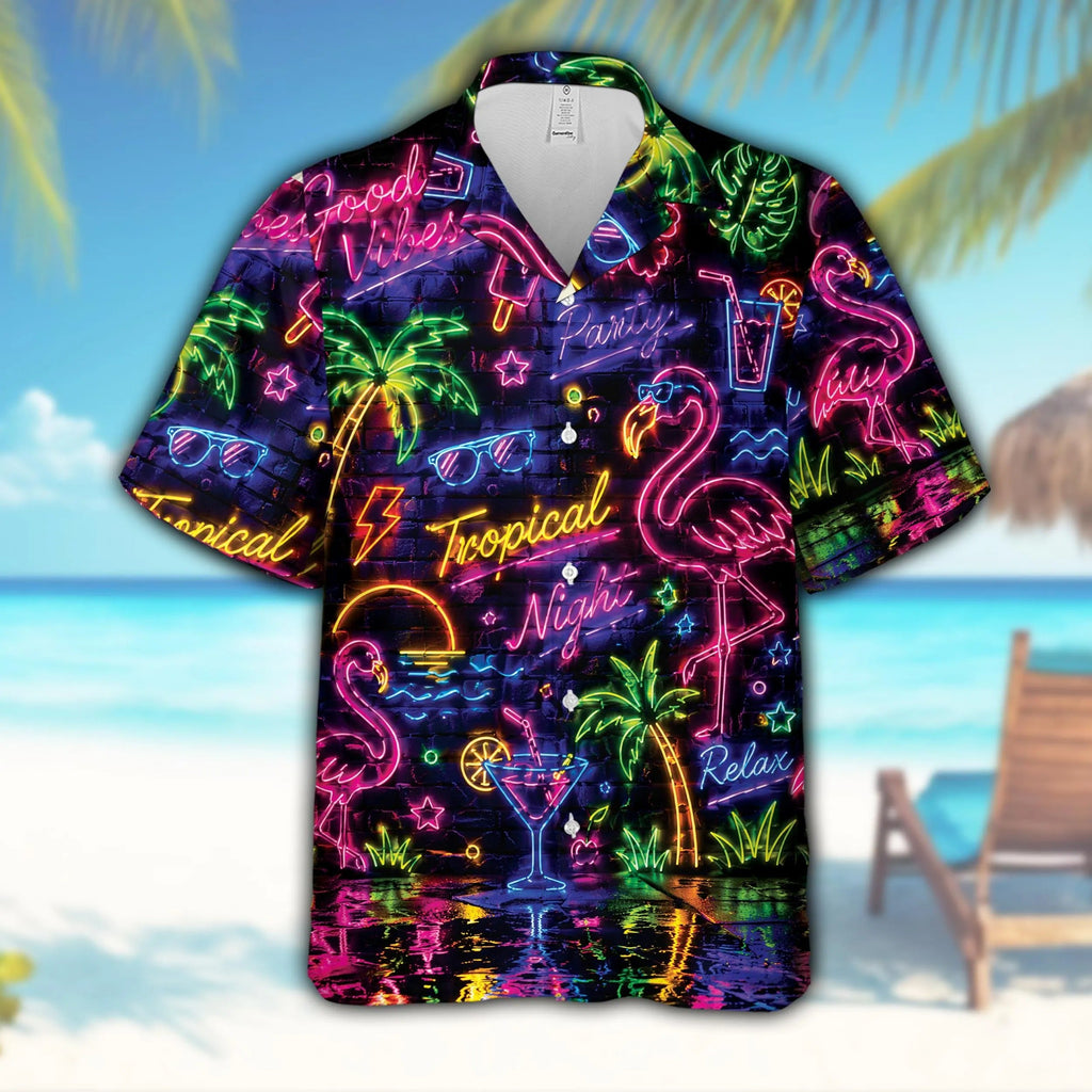 Neon Tropical Flamingo L3N Hawaiian Shirt, Retro Night Aloha Button Up, Palm Tree Cocktail Beach Party Shirt, Summer Vacation Outfit Gift