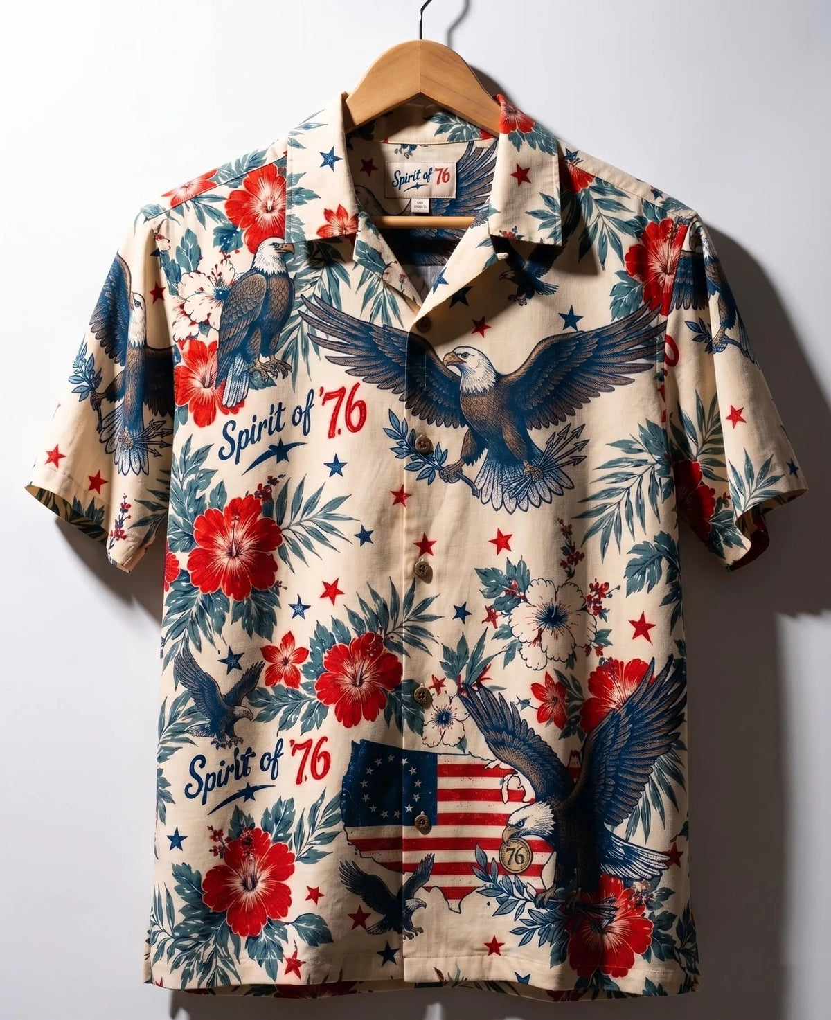 America 250 Patriotic L3N Hawaiian Shirt, Vintage 1776 4th of July Button Down, Bald Eagle Spirit of 76 Mens Summer BBQ Aloha