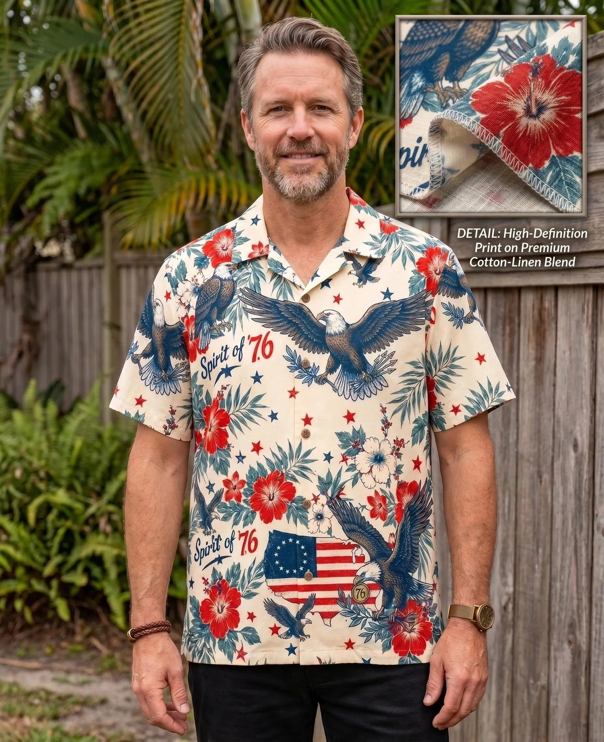 America 250 Patriotic L3N Hawaiian Shirt, Vintage 1776 4th of July Button Down, Bald Eagle Spirit of 76 Mens Summer BBQ Aloha