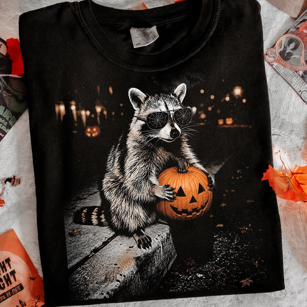 Halloween Raccoon Holding Pumpkin L3N Comfort Colors Shirt, Spooky Trash Panda Tee, Cute Fall Animal Halloween Sweatshirt