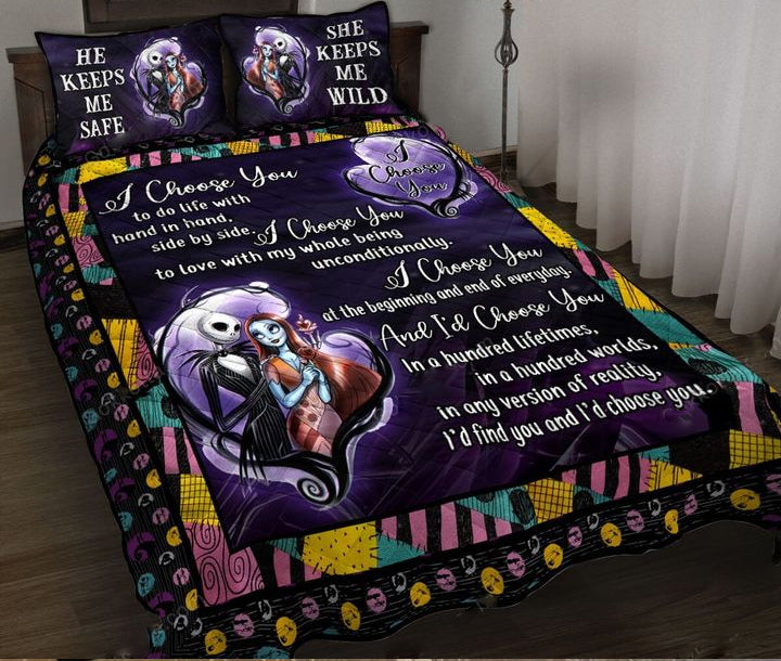 Nightmare Before Christmas Gift Halloween Gift The Nightmare Before Christmas Jack Skellington And Sally He Keeps Me Wilds SHe Keeps Me Safe Xmas Gift Bedding Set HG - US QUEEN