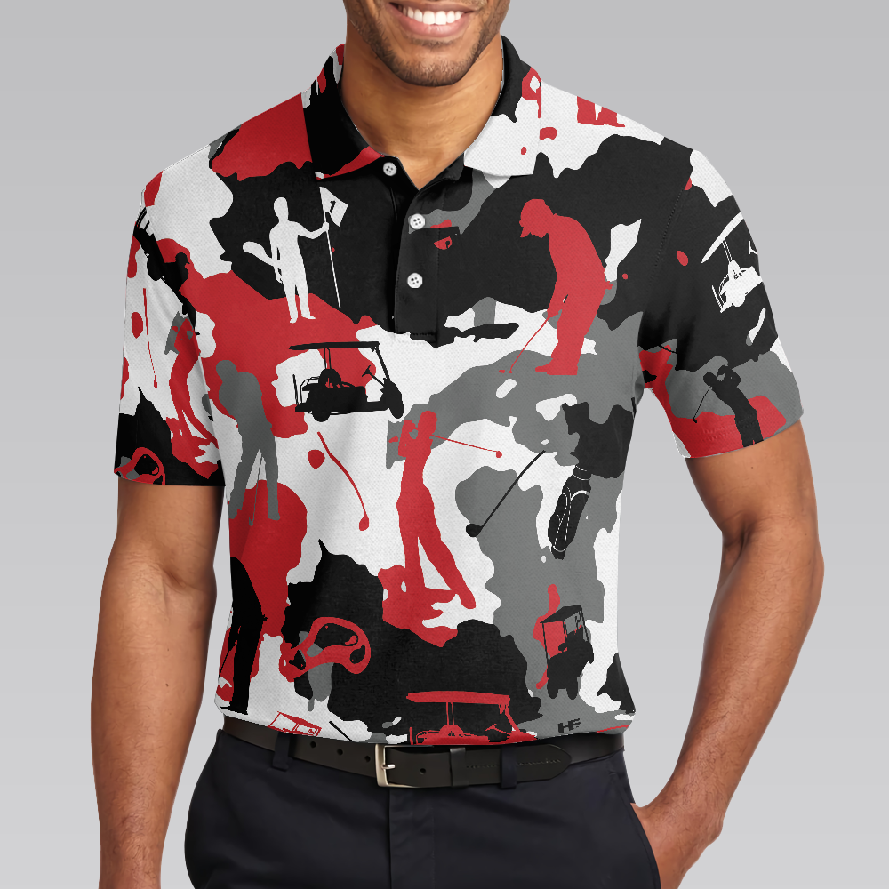 Red Black And White Camouflage Golf Polo Shirt  Golfing Apparel  Golf Clothing  Mens Golf Gift HG