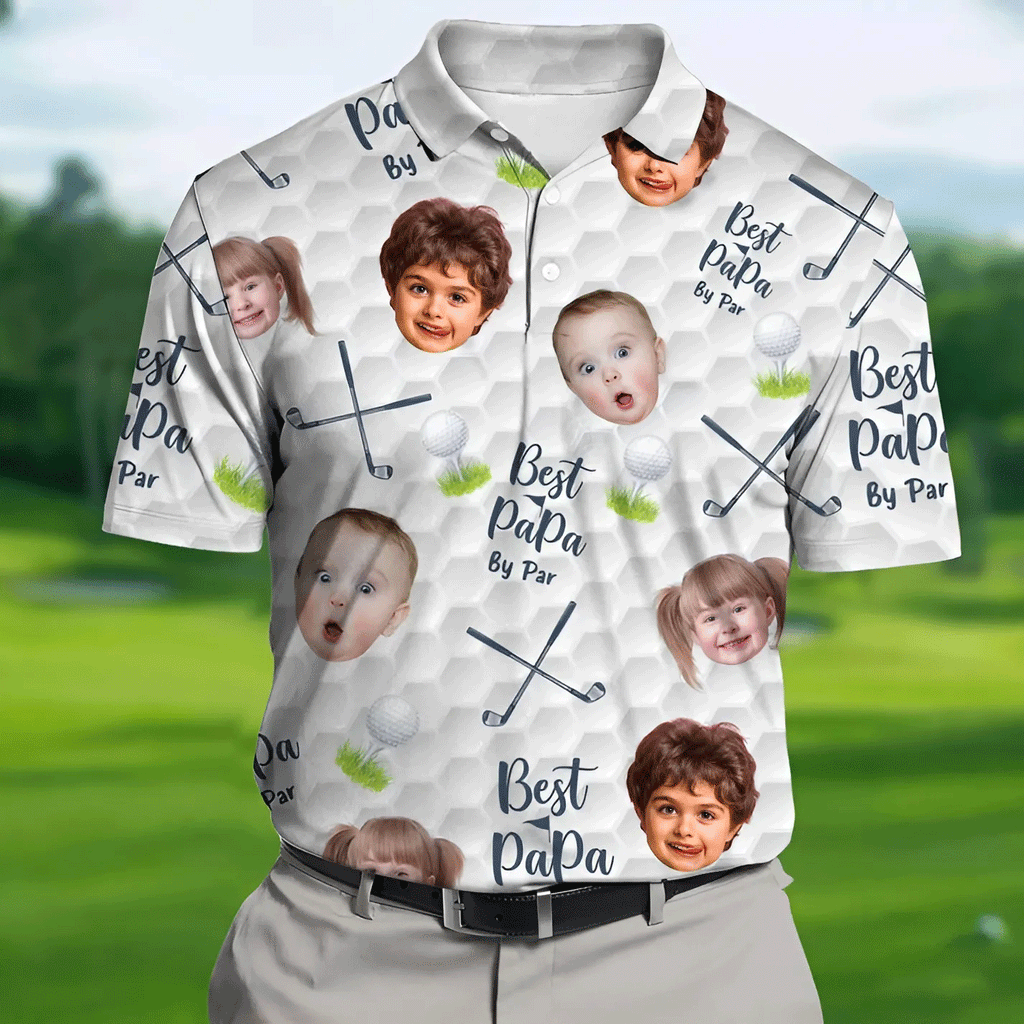Custom Face Kids Photo  Best Papa By Par Funny Polo Golf Shirt  HG Christmas Golf Gift
