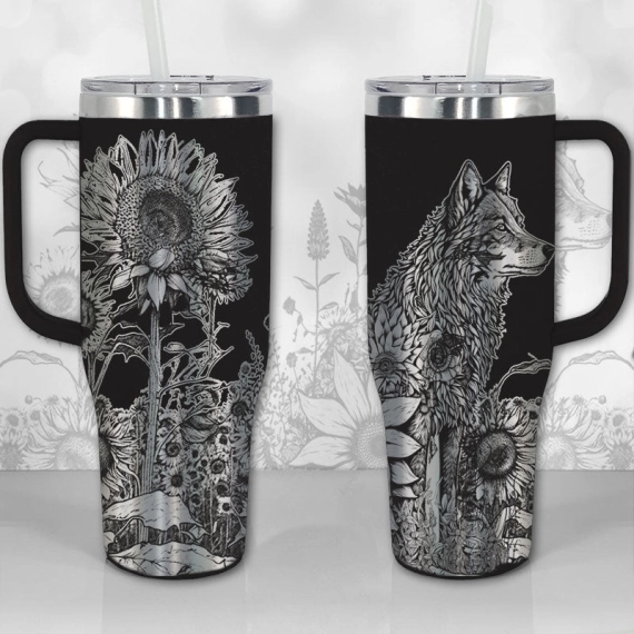 A Wolf and Sunflowers  30oz or 40oz Tumbler with Handle, Best Gifts NVA