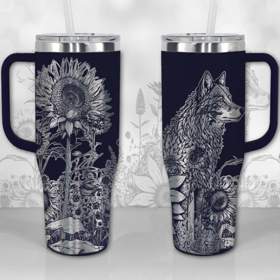 A Wolf and Sunflowers  30oz or 40oz Tumbler with Handle, Best Gifts NVA