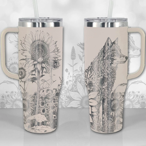A Wolf and Sunflowers  30oz or 40oz Tumbler with Handle, Best Gifts NVA