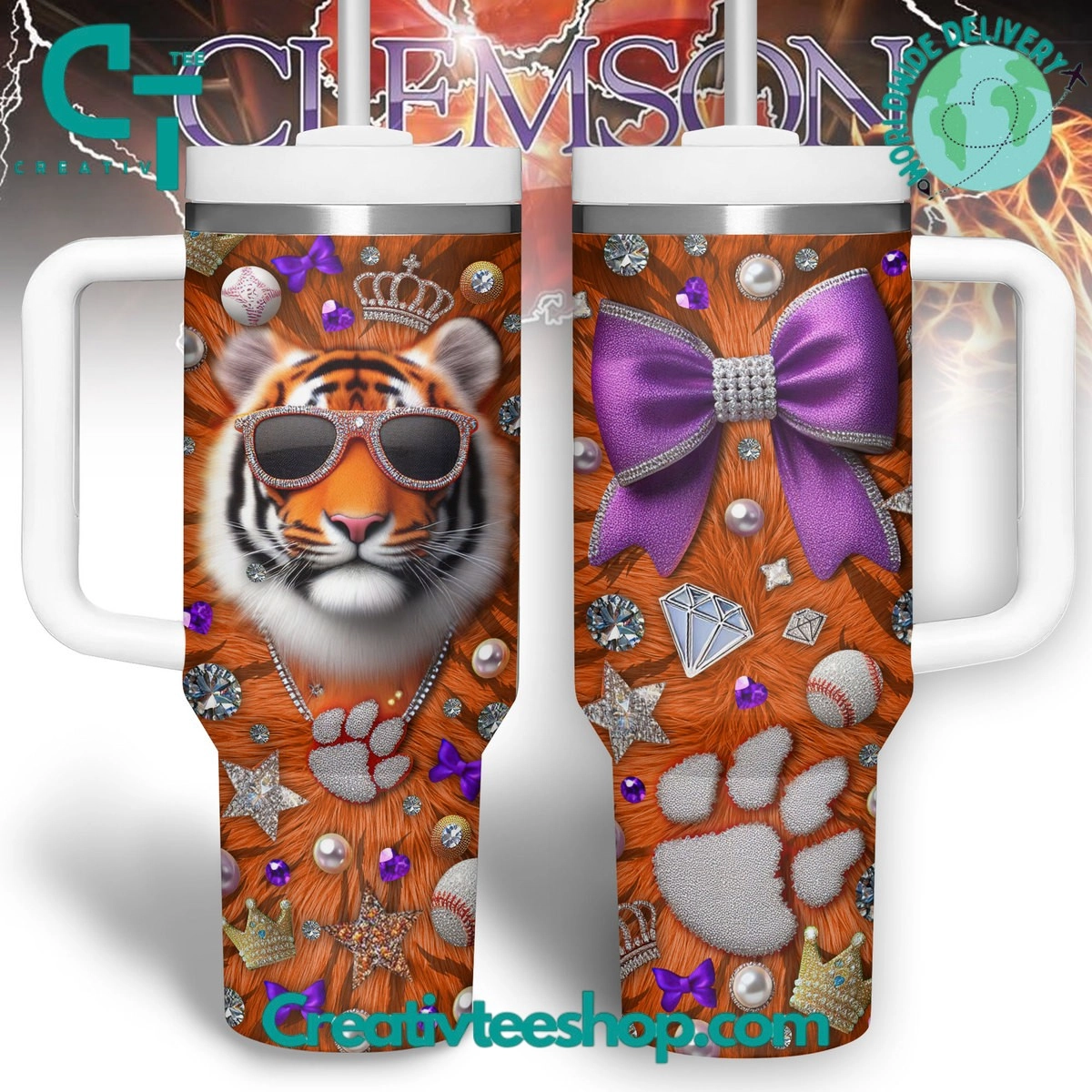 Clemson Tigers Big Bow Gift for Her, Him on Birthday Xmas 30oz or 40oz Tumbler LN