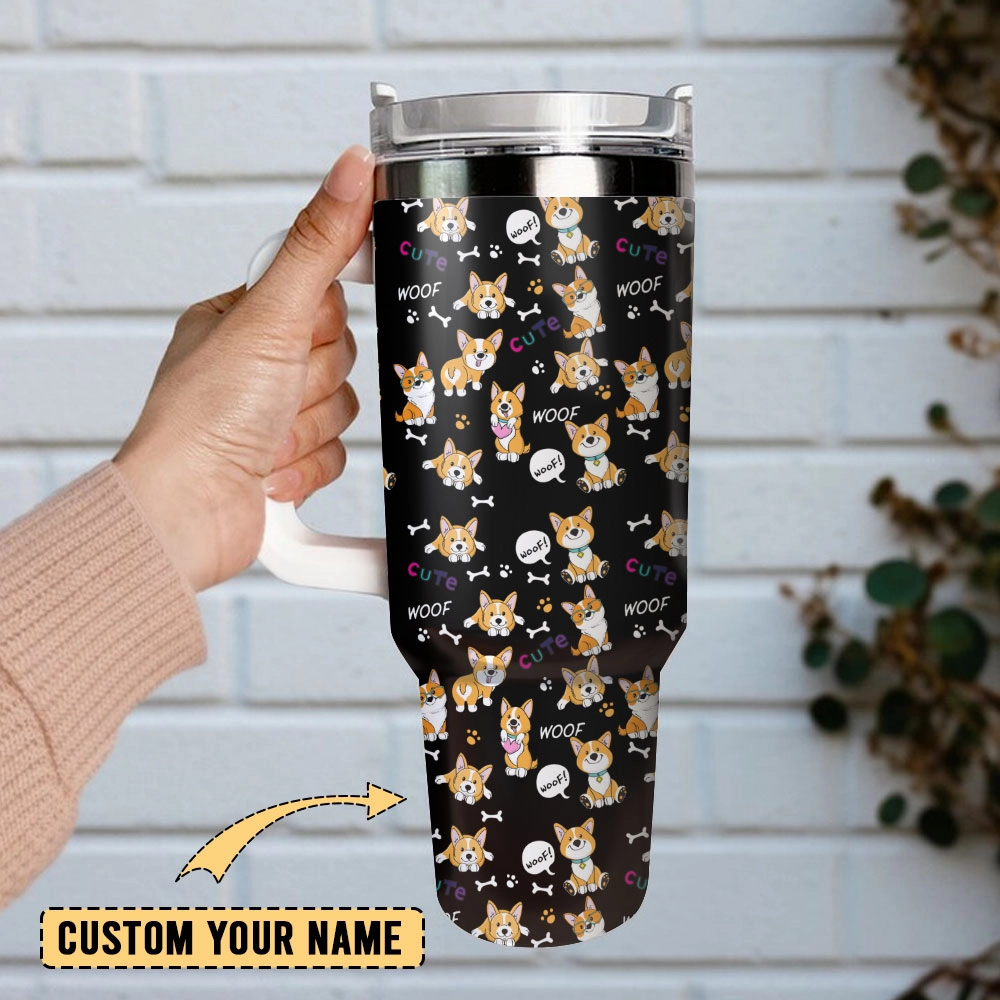 Cute Corgi Anime Custom Quencher 30oz or 40oz Stainless Steel Tumbler With Handle, Best gifts for Friend Family NVA