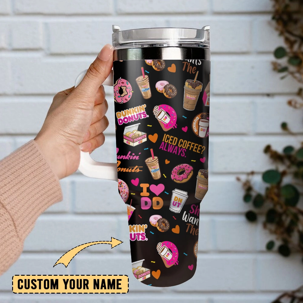 Dunkin Donuts Iced Coffee Custom Quencher 30oz or 40oz Stainless Steel Tumbler With Handle, Best gifts for Friend Family NVA