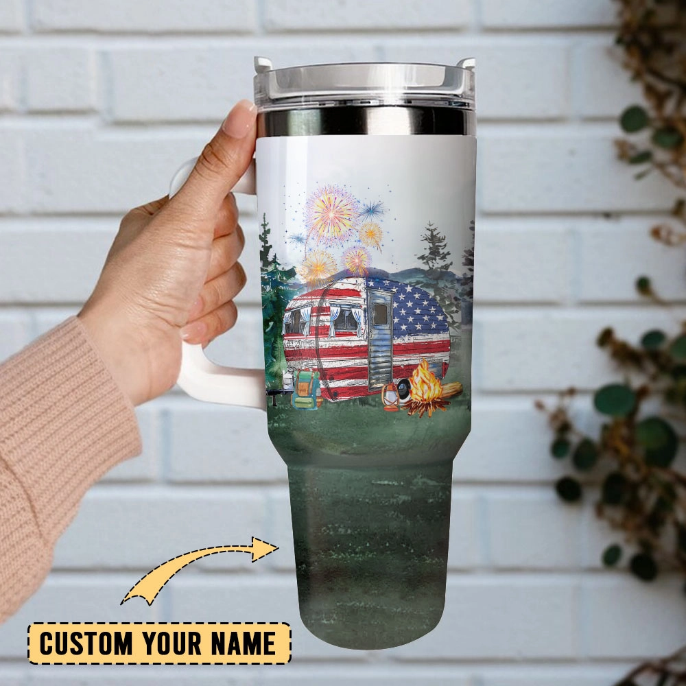 USA Trailer Watercolor Custom Quencher 30oz or 40oz Stainless Steel Tumbler With Handle, Best gist for Friend Family NVA