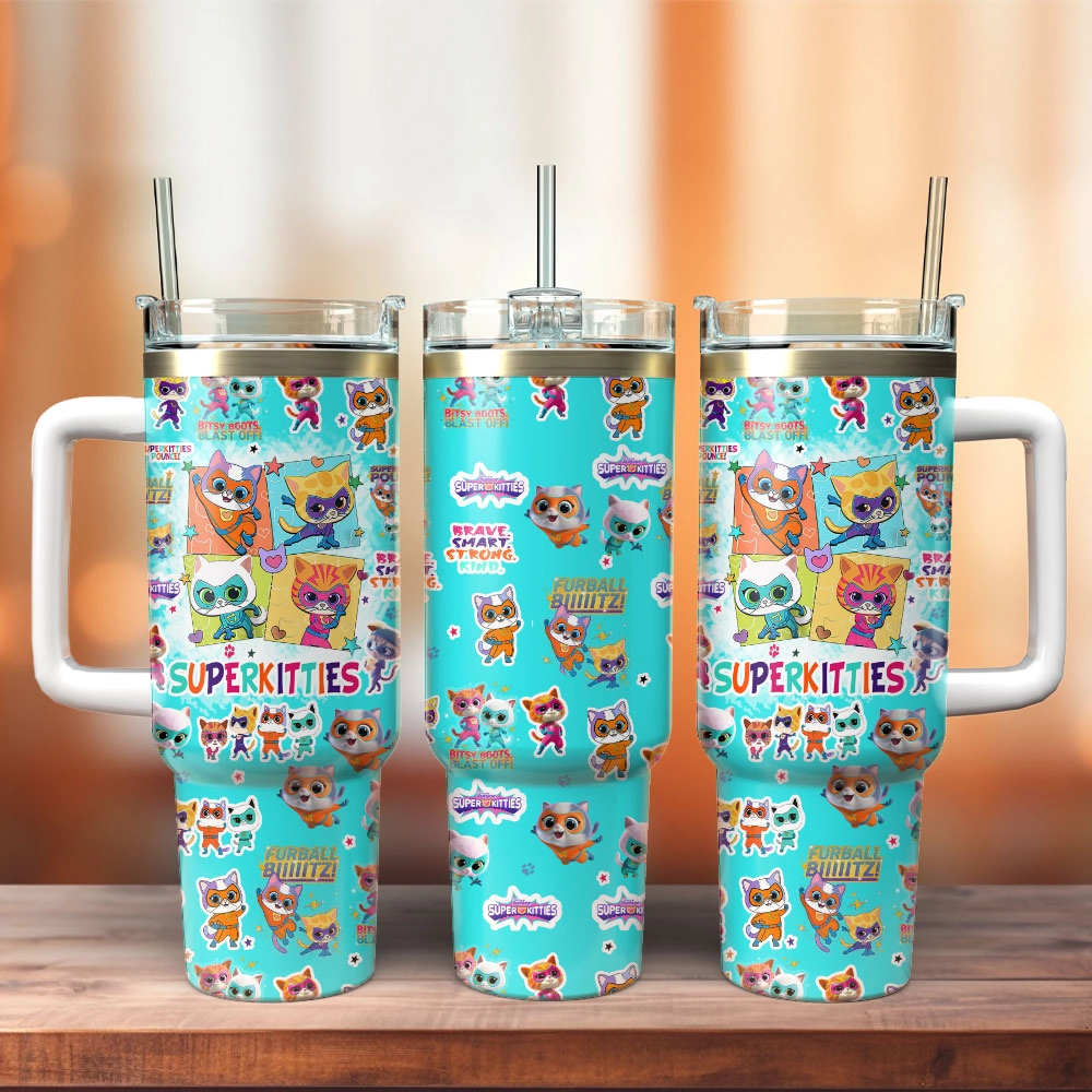 Supper Kitties Disney Junior Cartoon Custom Quencher 30oz or 40oz Stainless Steel Tumbler With Handle, Best gist for Friend Family NVA