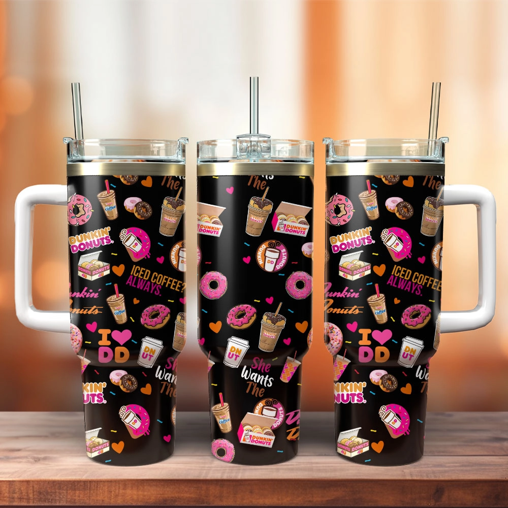 Dunkin Donuts Iced Coffee Custom Quencher 30oz or 40oz Stainless Steel Tumbler With Handle, Best gifts for Friend Family NVA