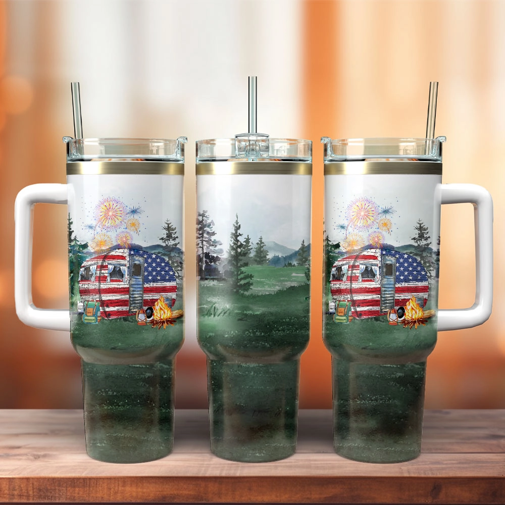 USA Trailer Watercolor Custom Quencher 30oz or 40oz Stainless Steel Tumbler With Handle, Best gist for Friend Family NVA