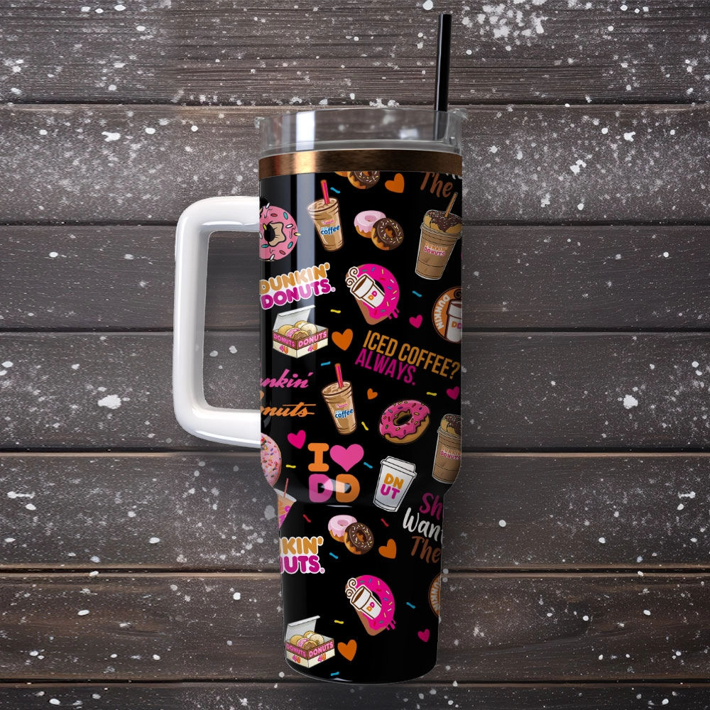 Dunkin Donuts Iced Coffee Custom Quencher 30oz or 40oz Stainless Steel Tumbler With Handle, Best gifts for Friend Family NVA