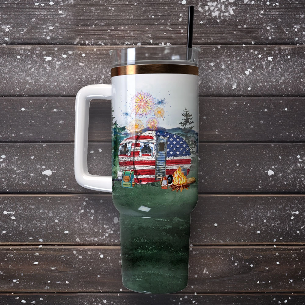 USA Trailer Watercolor Custom Quencher 30oz or 40oz Stainless Steel Tumbler With Handle, Best gist for Friend Family NVA