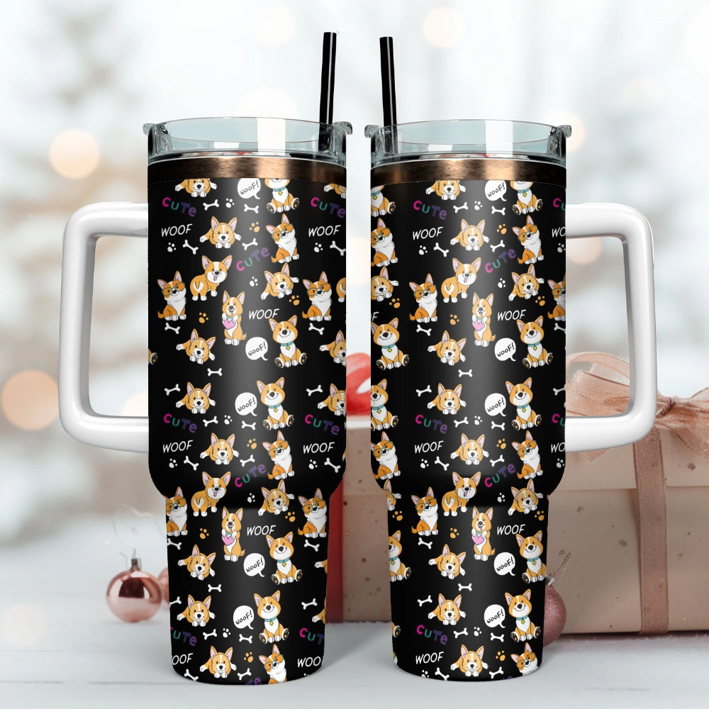 Cute Corgi Anime Custom Quencher 30oz or 40oz Stainless Steel Tumbler With Handle, Best gifts for Friend Family NVA